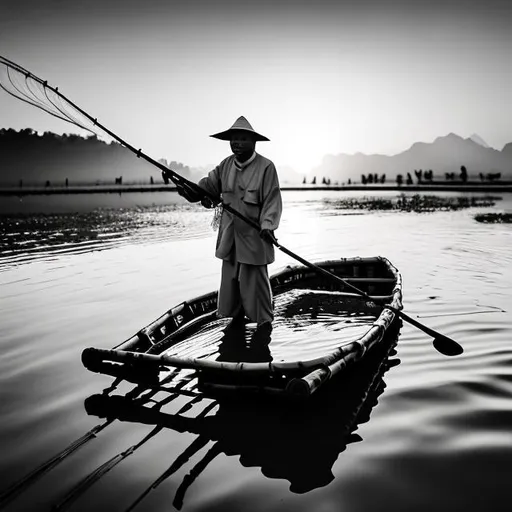 Prompt:  Black and white picture of a chinese fisherman on a raft made of bamboo, catching a fish at sunrise. 

He is in his 80s, has a wrinkled face.

Ultra high detail and contrast