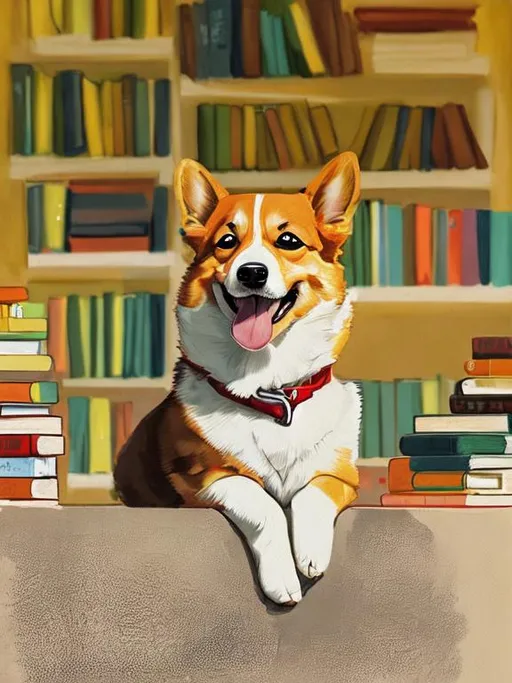 Prompt: Portrait of a corgi, smiling, red collar, realistic, cartoon, in a bookshop, wall of books, lots of books, vibrant