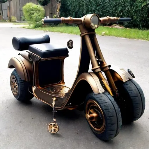 Prompt: Steampunk sit down electric scooter with skull theme