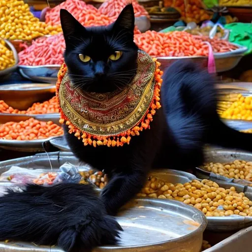 Prompt: Black cat in indian market