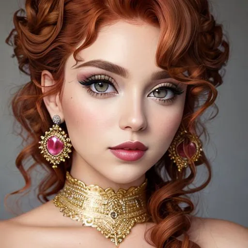 Prompt: big  eyes and carmine lips, silver and golden breaded silk, lips, pink cheeks, curly auburn hair