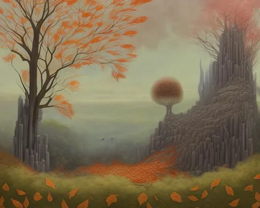 Prompt: ART DECO AUTUMN TREES, falling leaves, birds, hills, wind, clouds, castle, AURIKA PILIPONIENE IRA KENNEDY MARCI MCDONALD HOLAKANOLA MARIA SERAFINA DEBBIE CRISWELL victo ngai henri rousseau vladimir kush Arief Putra Anita Inverarity Alenka Sottler Itzchak Tarkay remedios varo