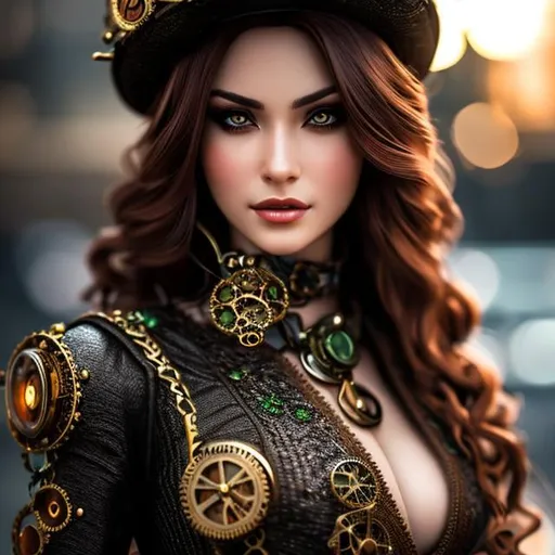 Prompt: A hyper realistic extremely detailed very close up steampunk woman. Woman has red hair and green eyes,  highly detailed, professional, render, Sharp focus, HD, UHD, HDR, hyperrealistic