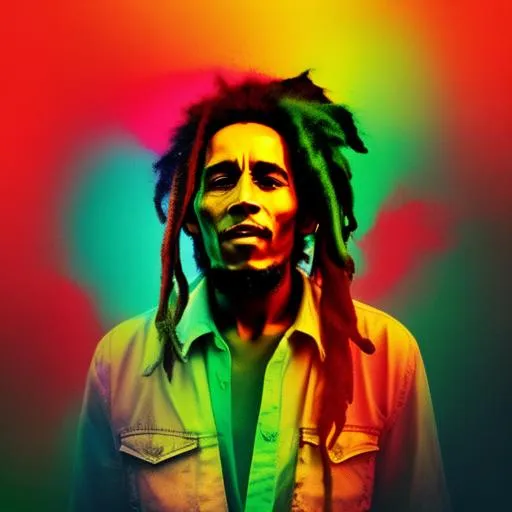 Prompt: photo of bob marley, red yellow and green hair, soft lighting, outdoors, vibrant color scheme, background of Jamaïca, movie poster style