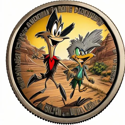 Prompt: Wile E. Coyote and the Roadrunner, on a coin, surprise me