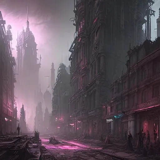 Prompt: extreme long shot concept art depicted old ruined subterrean drow city, dramatic mood, overcast mood, dark fantasy environment, arcane pink glow , dieselpunk, bodyhorror building, mutation flesh, corruption,  art inspired by warhammer and arcane, art by Cédric Peyravernay and HR Giger