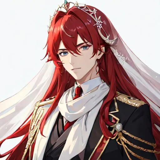 Prompt: Zerif 1male (Red side-swept hair covering his right eye) wearing a royal wedding suit, white shawl, 