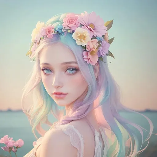 Prompt: Beautiful creation, woman with flowers in her hair, pastel colors