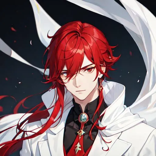 Prompt: Zerif 1male (Red side-swept hair covering his right eye) wearing a royal suit, white shawl