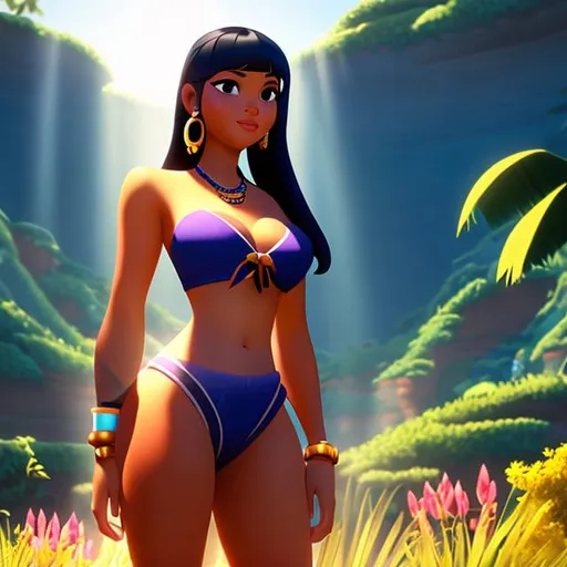 Prompt: Chel from road to El dorado, happy, large hips, high quality image,  80mm, lens flare, high quality background,  adult
