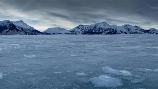 Prompt: Photo of ice sheet over ocean, mountains, HDR, 64k