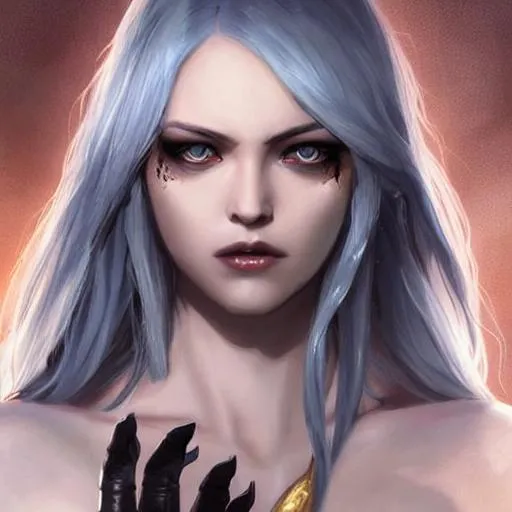 Prompt: a young woman with silver hair, with golden eyes, black claws 
realistic face, art by artgerm and felix englund and greg rutkowski