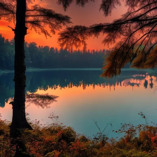 Prompt: Forest with lake in sunset