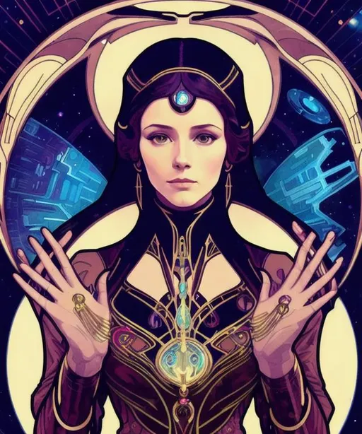 Prompt: alfons mucha style painting of a beautiful girl, futuristic, star trek, tech noir, highly detailed, masterpiece, elaborate background, accurate detailed faces, accurate hands
