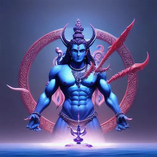 Prompt: massive shiva, trident with bull, trishul weapon, cobras, blue skin powerful aesthetic, unreal engine render, fantasy art digital art, digital , intricately detailed, cultural detail to weapons 