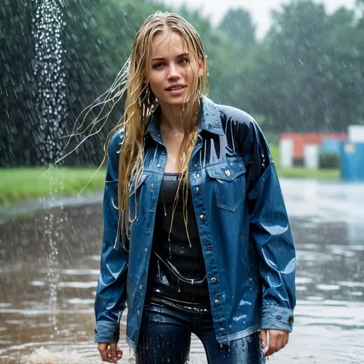 Prompt: photo of young woman, soaking wet clothes, small boots, dark blue long dripping wet soaked jeans, soaking wet denim jacket and shirt with long sleeves,  , standing in the pooring rain with soaking wet long blond hair,   enjoying, water dripping from clothes, clothes stuck to body,  detailed textures of the wet fabric, wet face, wet plastered hair,  wet, drenched, professional, high-quality details, full body view.