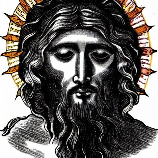 Prompt: add a red sun behind jesus and add more border around the whole image