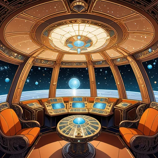 Prompt: Starship interior, with a lot of control panels and a small crystal in the middle of the room, with starlit Galaxy outside, art nouveau, in style of Moebius, comic illustration