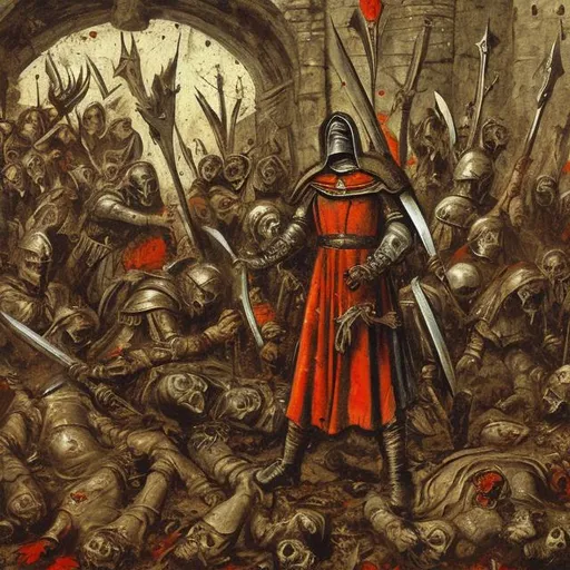 Prompt: medieval warrior surrounded by bloody dead bodies, celebrating in victory gothic