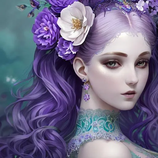 Prompt: dynamic composition of a pale skinned woman with hair of flowers and peacock plummage  of aqua and purple, ornate details,lacey clothes, facial closeup