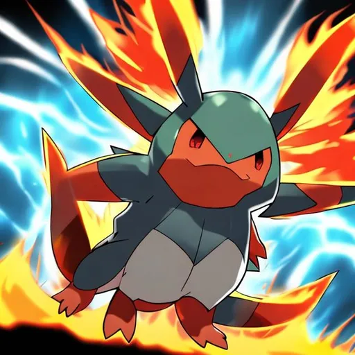 Prompt: pokemon with v-shaped head covered in flames