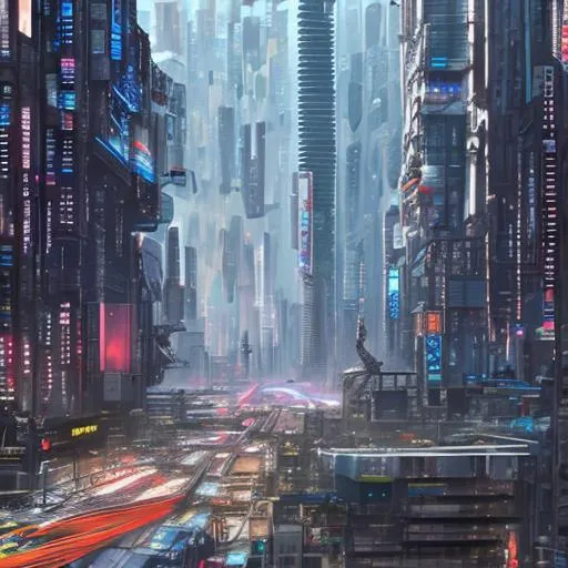 Prompt: Cyberpunk city from the inside, very vertical, 16:9 aspect ratio, a poor part of the city, kinda gloomy and sad