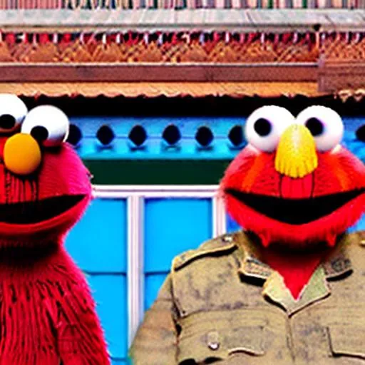 Prompt: Elmo commiting war crimes