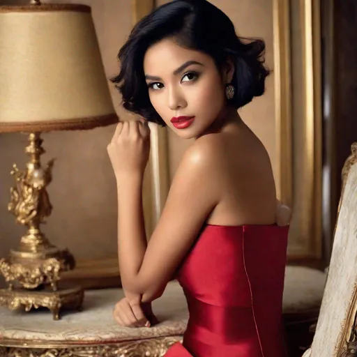 Prompt: RAW photo, pretty young Indonesian woman, 25 year old, (round face, high cheekbones, almond-shaped brown eyes, epicanthic fold, small delicate nose, luscious lips, short bob black hair, light tan skin), red silk bustier style dress, perfect hourglass figure, looking directly at camera, background plush vintage interior, elegant, masterpiece, intricate detail, photorealism, 16K"