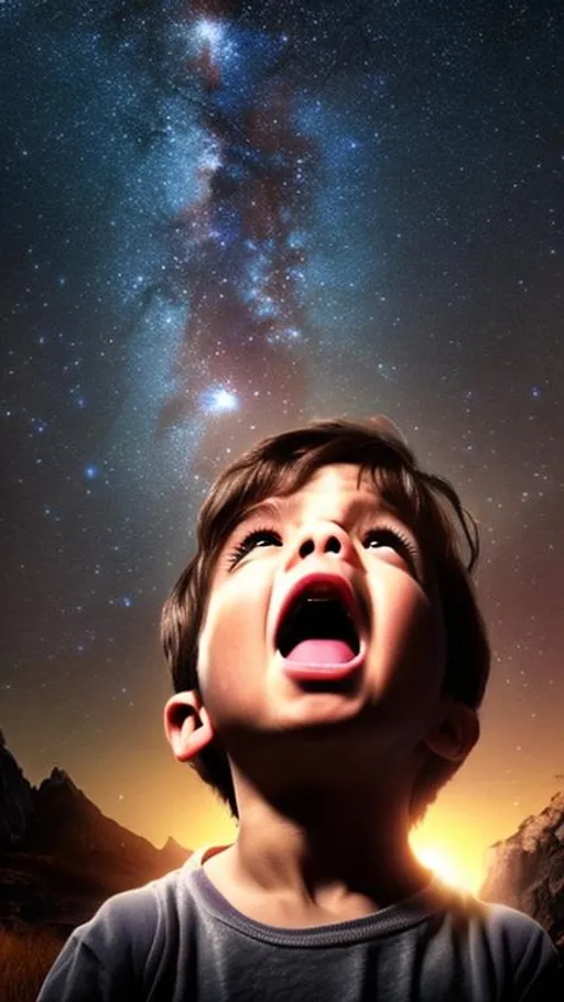 Prompt: A realistic photo of an astonished little boy look up to the midnight sky, galaxy in night sky, natural, glamorous, wonderful, stars and planets, landscape, hd, 4k, ultra realistic.