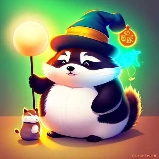 (((fat round raccoon))) wearing (((wizard hat))),