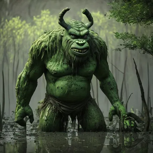 Prompt: Tall green ogre in a swamp filled with mud