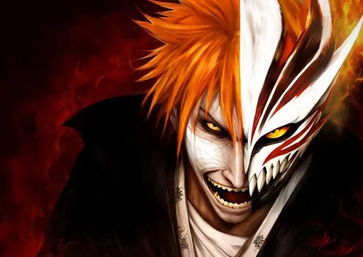 Prompt: Detailed face, yellow eyes, white teeth, crazy smiling, wear a semi mask on the head, orange hair, angry, wear a black kimono with white t-shirt, fire and blood background