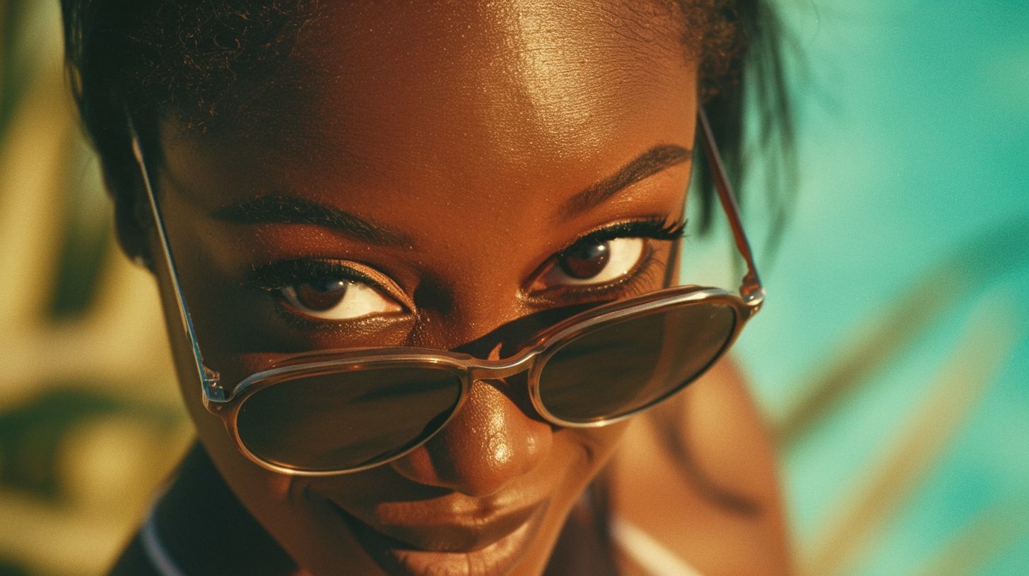 Prompt: Woman, dark chocolate skin, auburn, straight hair, black eyeliner, black eyelid, big eyes. Wearing beach wear, sunglasses. She have gorgeous feminine curves, perfect body, gorgeous face, beautiful eyes, thin, plump lips, beautiful face, smile, Canon EOS 5D Mark IV, Canon EF 16-35mm f/2.8L, f/5.6, ISO 800, 1/120 sec, 16K UHDP, Lomography, taken with a LOMO, Film used cinestill 800T, using LC-A