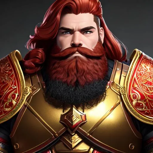 Prompt: "Portrait of a male gold dwarf with short fiery red hair and a long trimmed beard, stocky body, dressed in red and black full plate armor, battle axe in hand #3238, UHD, hd , 8k eyes, detailed face,  8k eyes, intricate details, insanely detailed, masterpiece, cinematic lighting, 8k, complementary colors, golden ratio, octane render, volumetric lighting, unreal 5, artwork, concept art, cover, top model, light on hair colorful glamourous hyperdetailed medieval city background, intricate hyperdetailed breathtaking colorful glamorous scenic view landscape, ultra-fine details, hyper-focused, deep colors, dramatic lighting, ambient lighting god rays, flowers, garden | by sakimi chan, artgerm, wlop, pixiv, tumblr, instagram, deviantart