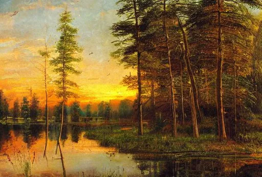 Prompt: Pond, sunset, beautiful artwork by ivan shishkin