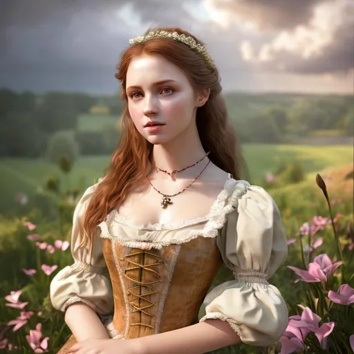 Prompt: HD 4k 3D professional modeling photo hyper realistic beautiful enchanting woman maid marion long auburn hair tan skin light brown eyes gorgeous face pink and white dress Tudor England manor english countryside lilies magical landscape hd background ethereal mystical medieval beauty 
