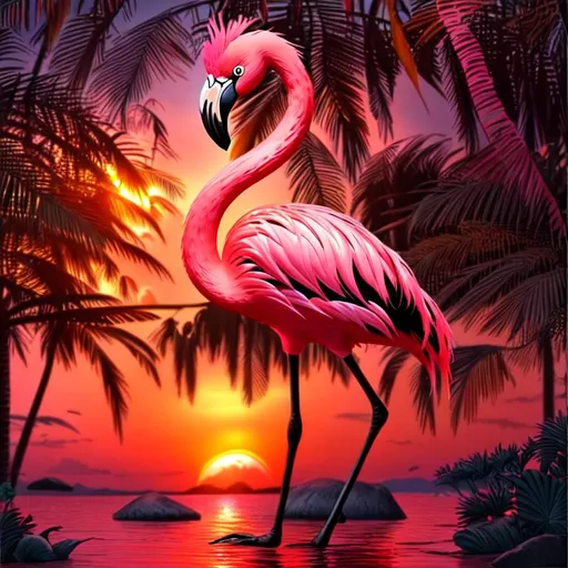 Prompt: Beautiful, Epic, Amazing, dark, 3D, HD, Beautiful Flamingo, Sunset, Looking at camera, freeform chaos ultra HD, digital painting,  Tropical lagoon {Palm}tree background, uber detailed, 64k, high quality, sharp focus, studio photo, intricate details, highly detailed --s98500