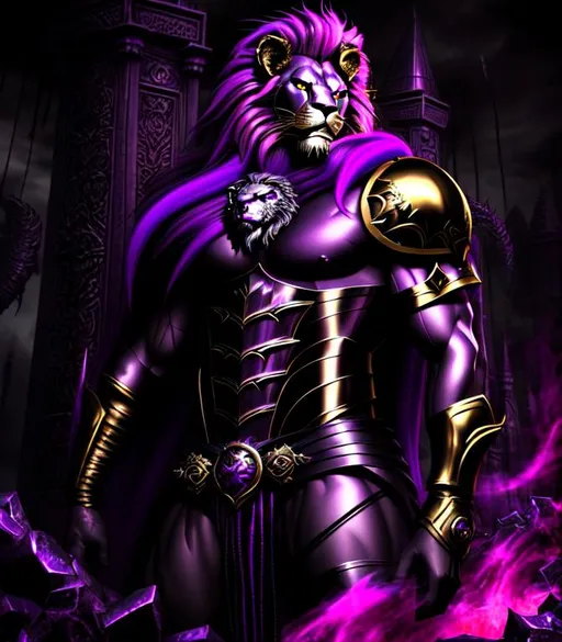 Prompt: Horror, Scary, Ominous, Sinister, freeform dark chaos epic bold, 3D, HD, {one}({liquid metal {Man}Lion with long flowing hair and dressed in Barbarian outfit} with {purple gold pink green red silver blood}ink), expansive psychedelic background --s99500