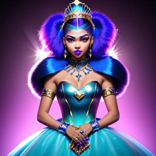 Prompt: Zendaya with ultradetailed large shiny blue lips, Blinding Heart Earrings, Blue Xtra Large Metal Ball Gown, Rainbow Sugar Gloves with Purple Fur, Glowing Blue eyes, Artisans Cut Gleaming Ice Cream Tiara. Pristine Green hair, confident facial expression, Full eyebrows with blue tint, Crocodile necklace, Wintry Aura, Black Armor Plated Shoulders, Cake Covered gold wand, Sharp Nails, Auroras in eye of hurricane. Blue Moon. High resolution, Realistic, Cold color scheme, high radiance.