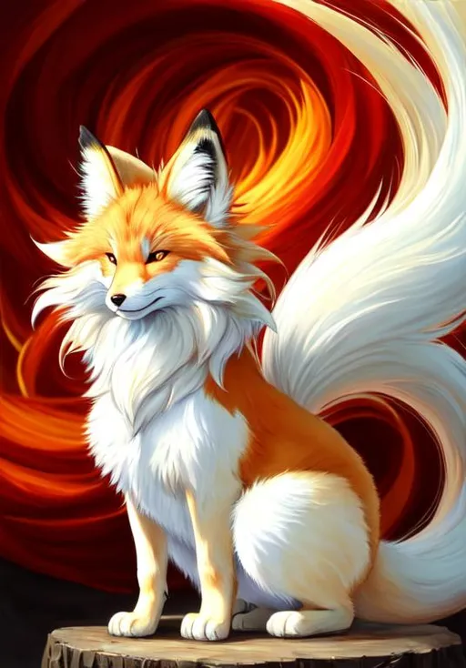 Prompt: UHD, , 8k,  oil painting, Anime,  Very detailed, zoomed out view of character, HD, High Quality, Anime, , Pokemon, Ninetales is a quadrupedal  fox Pokémon covered in thick luxurious golden-white fur with 9 tails. It has a small mane of thicker fur around its neck and a long, fluffy crest atop its head. It has slender legs with three-toed paws and nine, long tails with pale orange tips. It has red eyes, pointed ears, and a triangular black nose.

While intelligent enough to easily understand human speech, Ninetales is a very vengeful Pokémon that has been known to curse those who mistreat it. It can live for 1,000 years due to the energy within its nine tails, each of which is said to have a different mystical power. Flames spewed from its mouth can hypnotize an opponent and its gleaming red eyes that are said to give it the ability to control minds. The anime has shown that it can swim. Being the result of an evolution via Evolution stone, Ninetales is rarely found in the wild, though they can be found in grasslands.

Pokémon by Frank Frazetta