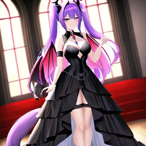 Prompt: Haley  as a demon horse hybrid (bright multi-color hair) (multi-color eyes) wearing a black wedding dress (demon tail) (black demon wings) standing at the altar in hell