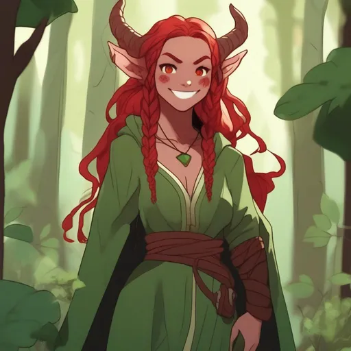 Prompt: dnd a cute green female demon with braided red hair wearing brown robes in a sunny forest
