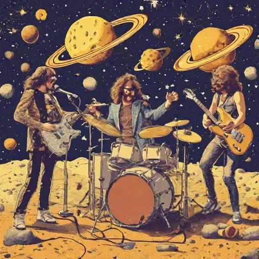 Prompt: 70’s style rock band surrounded with cheese, space, and galaxies 
