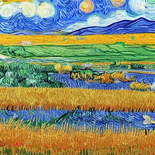 Prompt: create a masterpiece, wheat field style with a vangogh lark, in saturated colors, showing the cahuil wetland and the birds that live in it: flamingos, black-necked swans and herons
