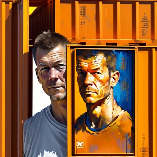 Prompt: A close up shot of Dennis's face as he looks down at an open 40ft high cube container door, emphasizing his sense of pride and accomplishment with his company's new product offerings. The background should feature muted browns and oranges to represent the international traffic that these containers are used for daily.