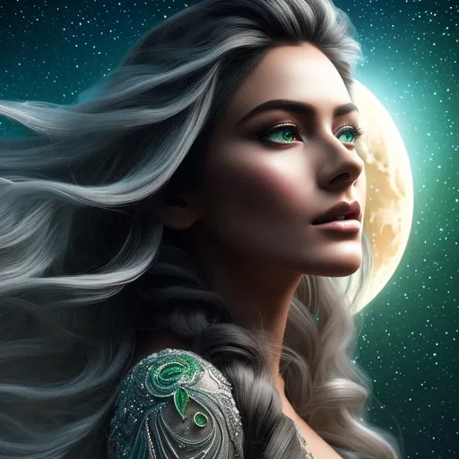 Prompt: Highly detailed digital painting of a beautiful woman with long silver hair and large green eyes,  gazing at a large full moon, cosmic sky filled with stars, dark vignette, woman wearing torn white dress, model face and model body, 8k upscaling, octane render, intricate details, highly detailed, intricate line work, detailed face, beautiful, vivid colors, dynamic lightning, dynamic shadows, HDR, dark fantasy art, dark souls fan art, volumetric god rays, 