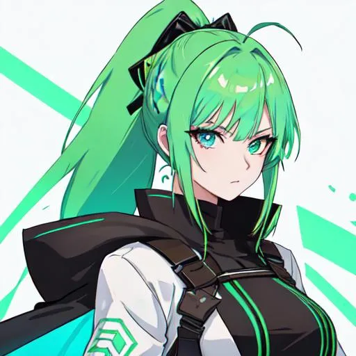 Prompt: She has a long, distinctive neon-green that fades to neon-blue hair in a ponytail, heterochromia eyes, symmetrical, anime wide eyes, as a bounty hunter, long brown cloak, western bounty hunter
