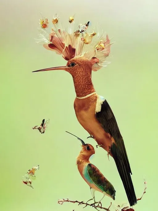 Prompt: Glossy portrait of a golden hoopoe bird Art by  Victo Ngai, Sherry Akrami,   Nicoletta Ceccoli, Anna Dittman, Lucie Bilodeau, Laura Diehl, Remedios Varo, Paul Delaroche,  Sergio di lorio, highly detailed, sharp focus, ethereal, fantastic view, dreamy, Epic, celestial, sparkling, glossy, light emitting,  inner light.