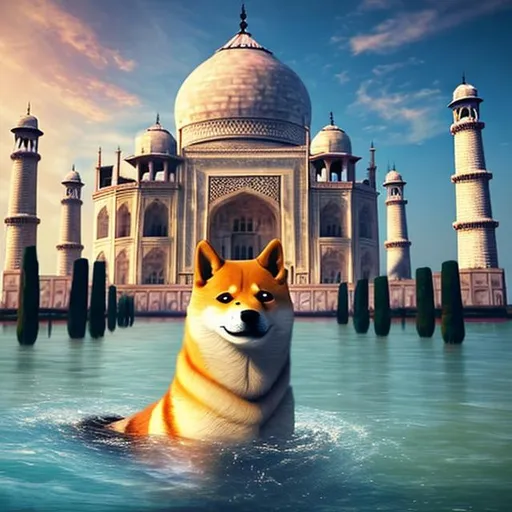 Prompt: image of a doge infront of floating taj mahal in heaven 8k hd