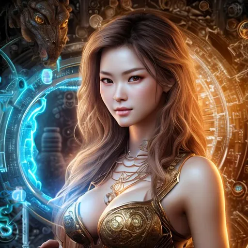 Prompt: CGI, 4K high resolution, western style, japanese female, smirking, intricate light brown hair with blonde streaks, 100% opaque clothing, cleavage, surrounded by alchemy symbols